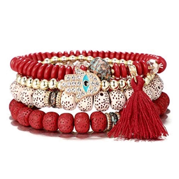 Red Evil Eye Hamsa Stackable Stretch Bracelets - Picture 5 of 7